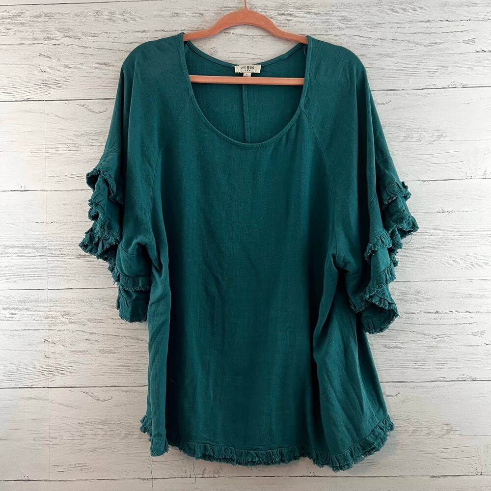 Umgee Dark Teal Linen Blend Short Sleeve Top Size L